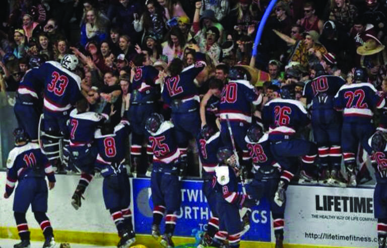 The boys hockey team jumps into their excited crowd after they win the section championship game.
