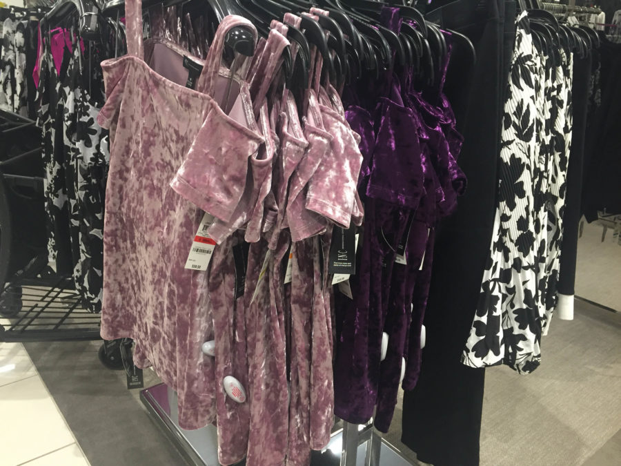 Off the shoulder velvet tops at the Macy’s in Ridgedale.