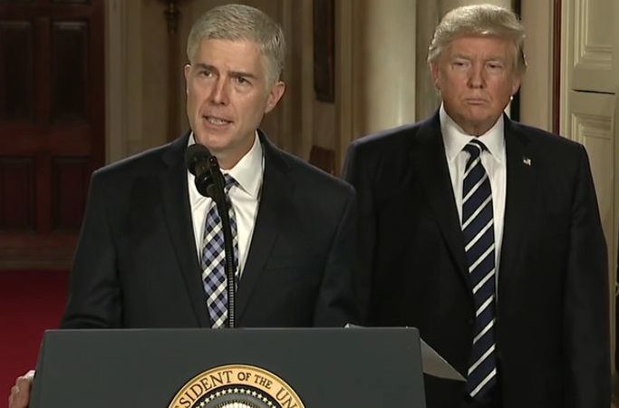 Neil Gorsuch, nominee for Associate Justice to the U.S. Supreme Court, and President Donald Trump, via the official White House YouTube page. 
