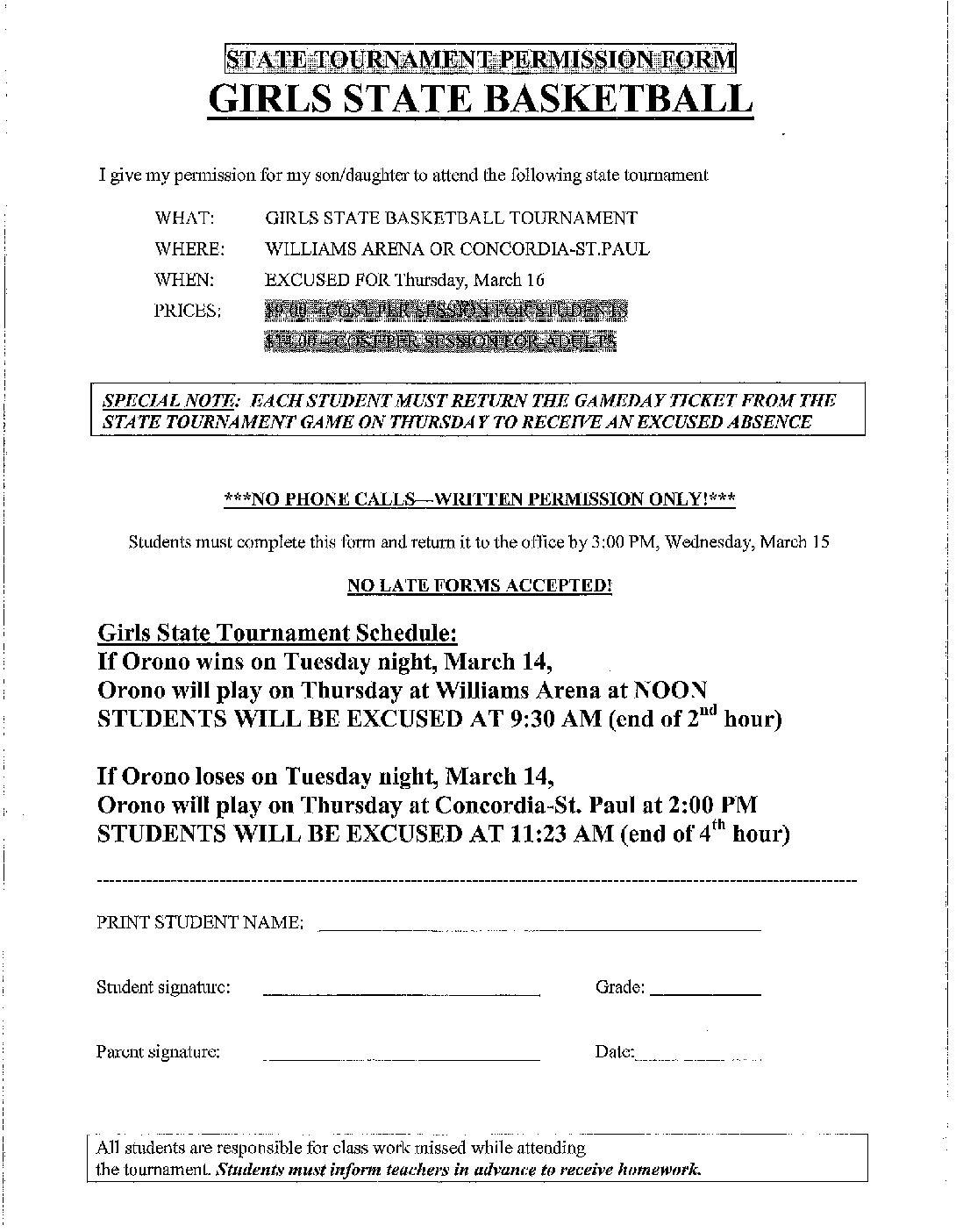 An example of the form students have to fill out prior to a sporting event.