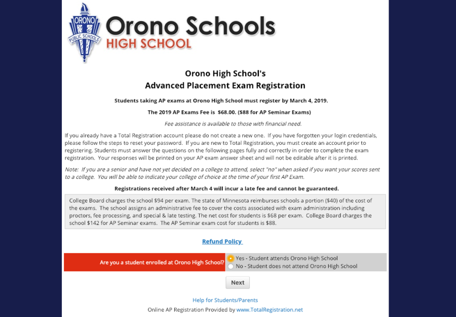 By logging in through an Orono Schools provided login through TotalRegistration, initial prompts will come up that allow students to register for individual or multiple AP exams.