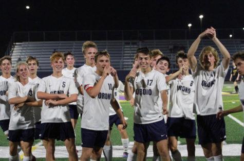 The men's soccer team after their impressive win in Waconia. 