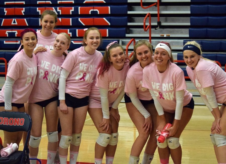 The+Orono+girls+volleyball+team+at+their+Dig+Pink+game.