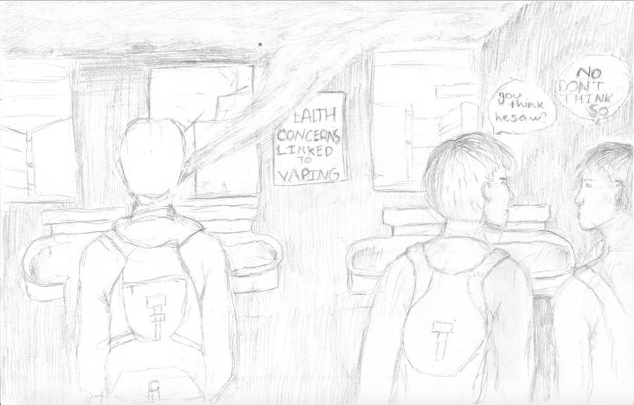 Vaping illustration by junior Hannah Johnson, demonstrating a student vaping the the restroom; oblivious to the sign that reads Health concerns linked to vaping.