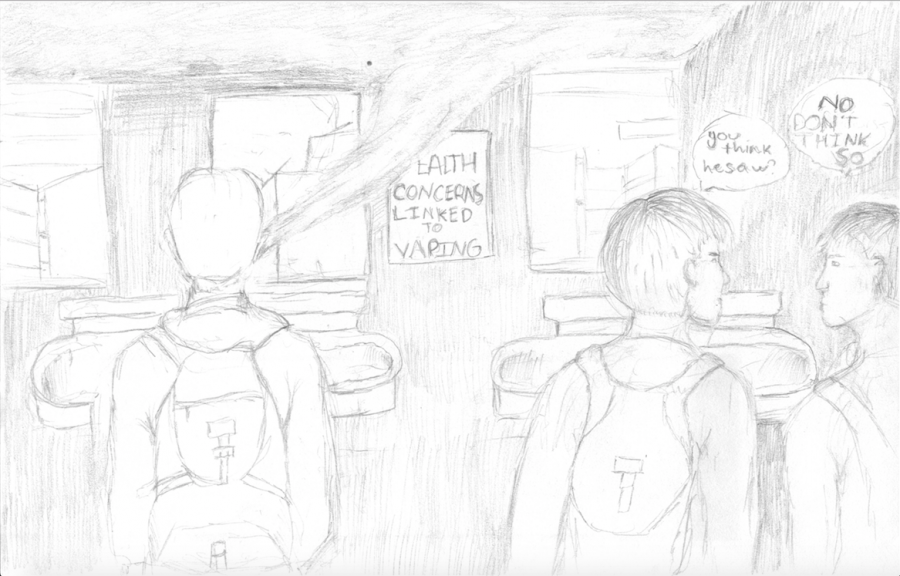 Vaping illustration by junior Hannah Johnson, demonstrating a student vaping the the restroom; oblivious to the sign that reads "Health concerns linked to vaping".