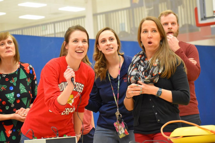Mrs. Ivers, Ms. Balon, and Mrs. Menne compete in the slang knowledge contest portion of the annual Teacher Competition the day before winter break.