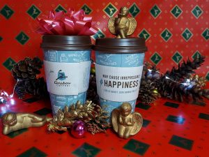 Many Caribou locations have already rolled out their holiday cups and sleeves, but a few still have regular ones to use up. The holiday ones feature a winter scene and bright red sleeves.