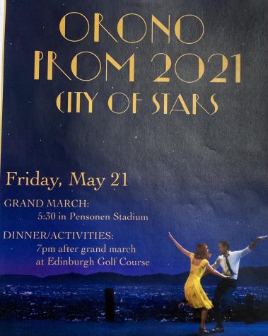 Promotion photos for Oronos 2021 prom are put up around the school.