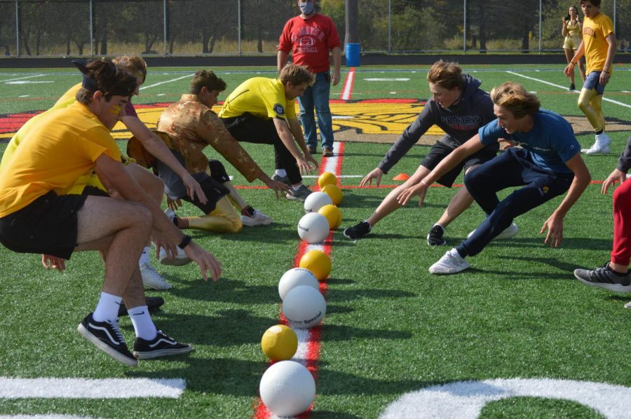 The Senior and Junior class compete in the dodgeball competition at Pesonen stadium on Wednesday during Homecoming week. 