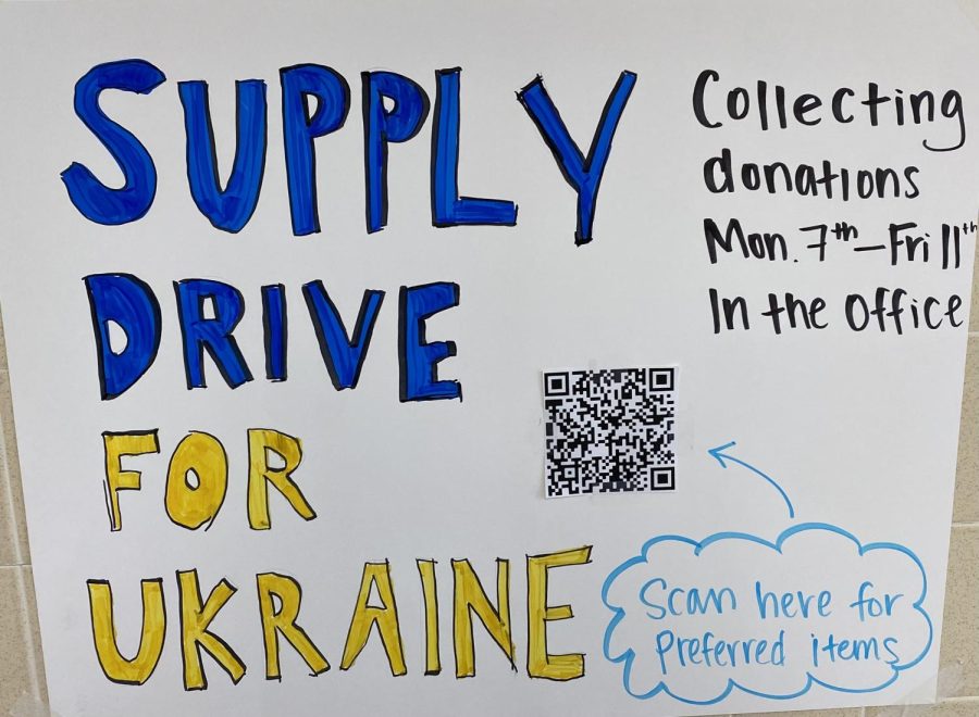 Orono students supporting the drive for Ukrainians. With food and school supplies ready to be shipped.