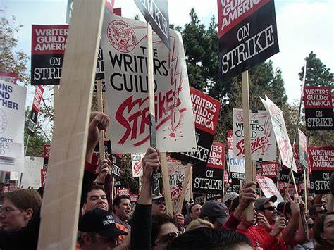 WGA writers go on strike in New York City on May 2, 2023.