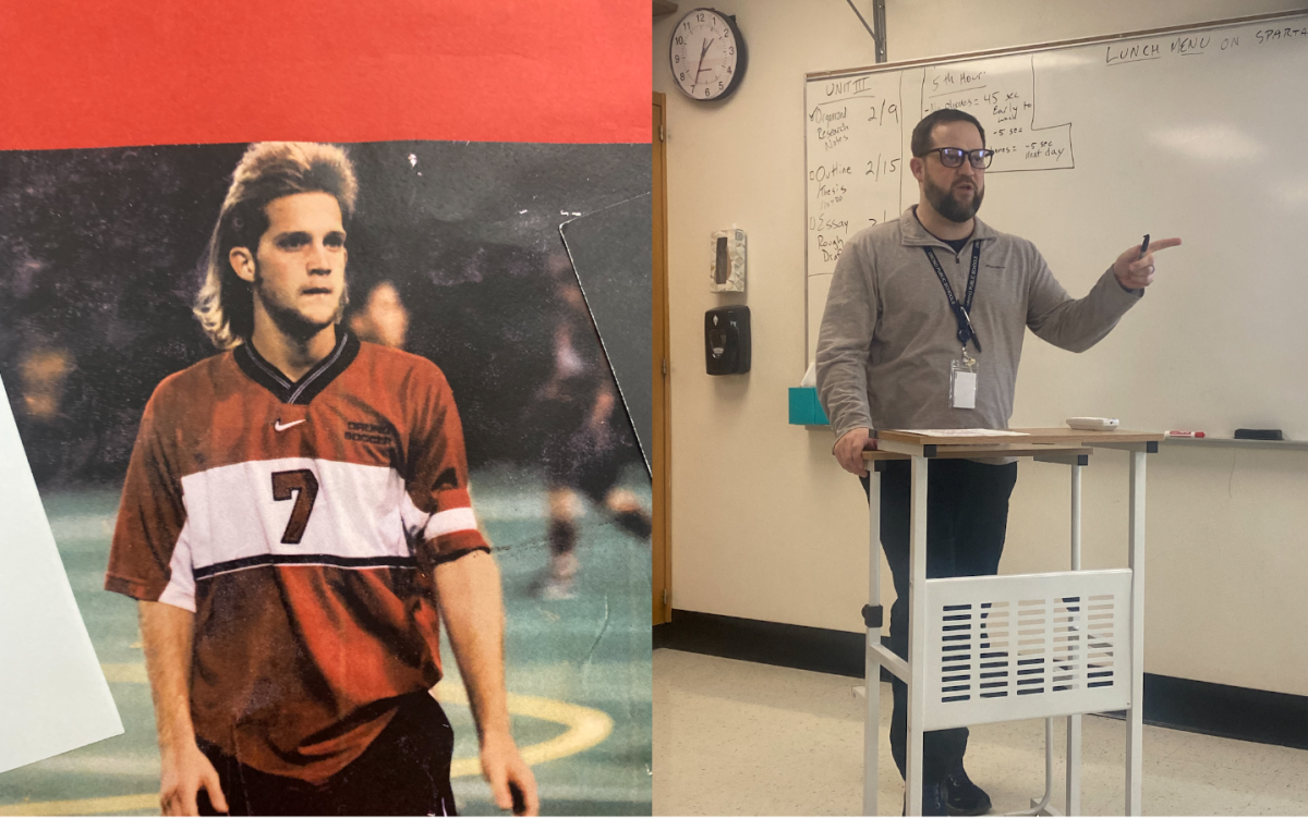 Mr. Sherman as an Orono soccer player 
(2004) and Mr. Sherman as an English teacher (2024)