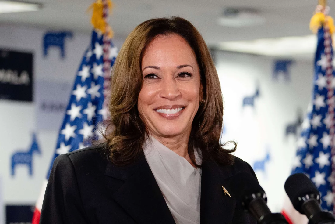 Kamala Harris speaking at her campaign headquarters.