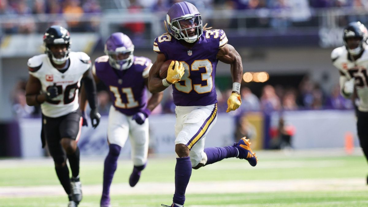 Vikings running back Aaron Jones during the NFL football game on Sunday, September 22nd.