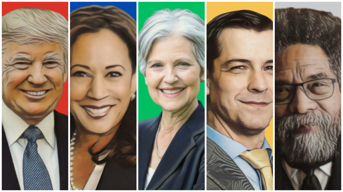 From left to right: Former president Donald Trump, Vice President Kamala Harris, physician Jill Stein, 2022 U.S. Senate candidate from Georgia Chase Oliver, professor Cornel West.