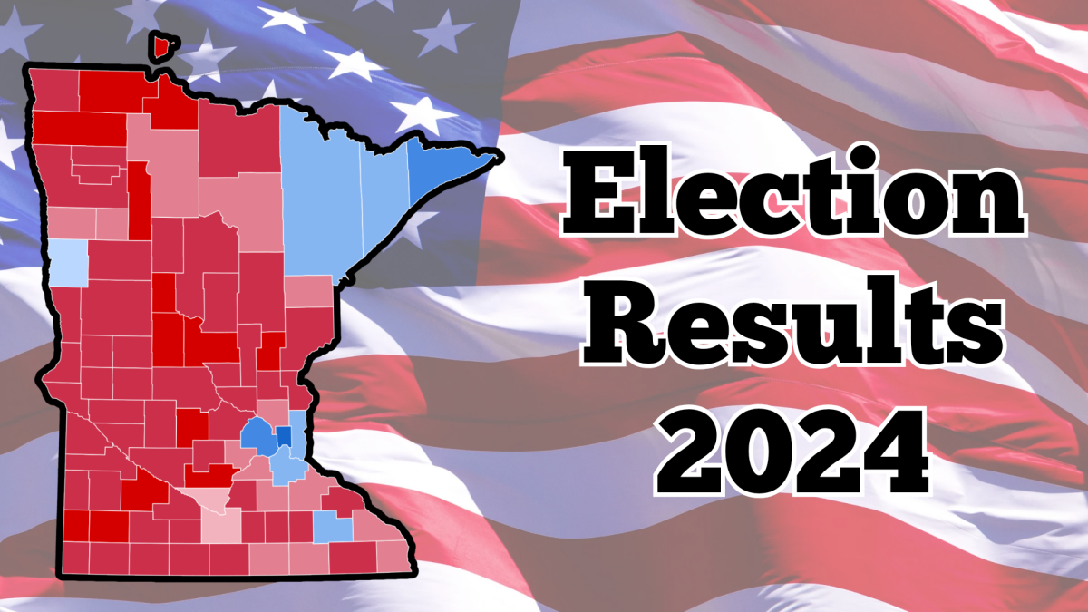 This map shows which Minnesota counties voted for Donald Trump (red) in the presidential election and for Kamala Harris (blue). The darker the color, the greater the percentage of people in those counties voted for the candidate.