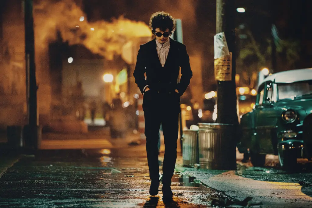 Timothée Chalamet plays Bob Dylan in "A Complete Unknown."