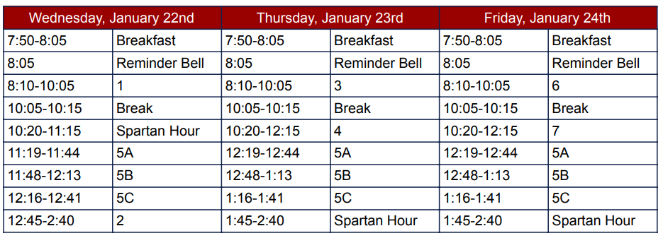 The full schedule for semester 1 finals