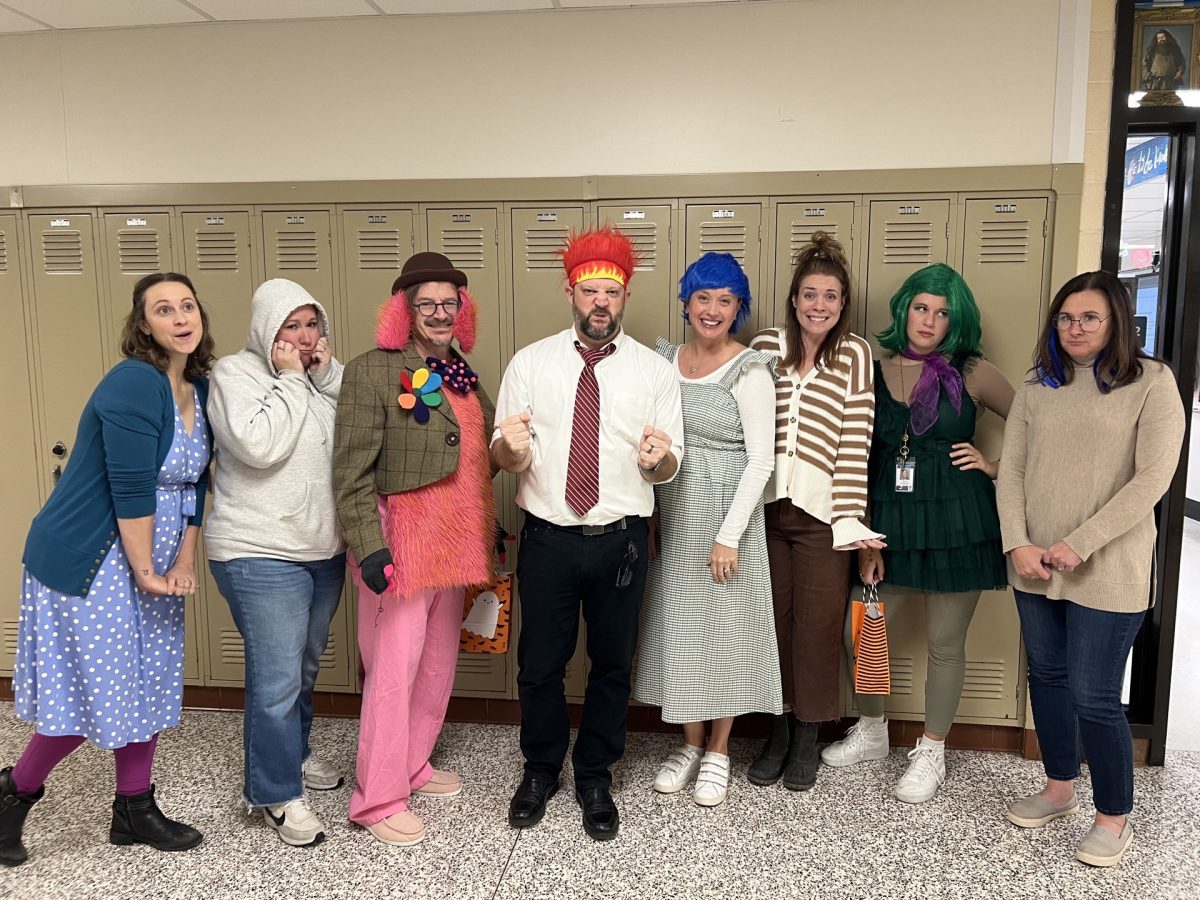 All English teachers dressed as characters from Inside Out on Halloween